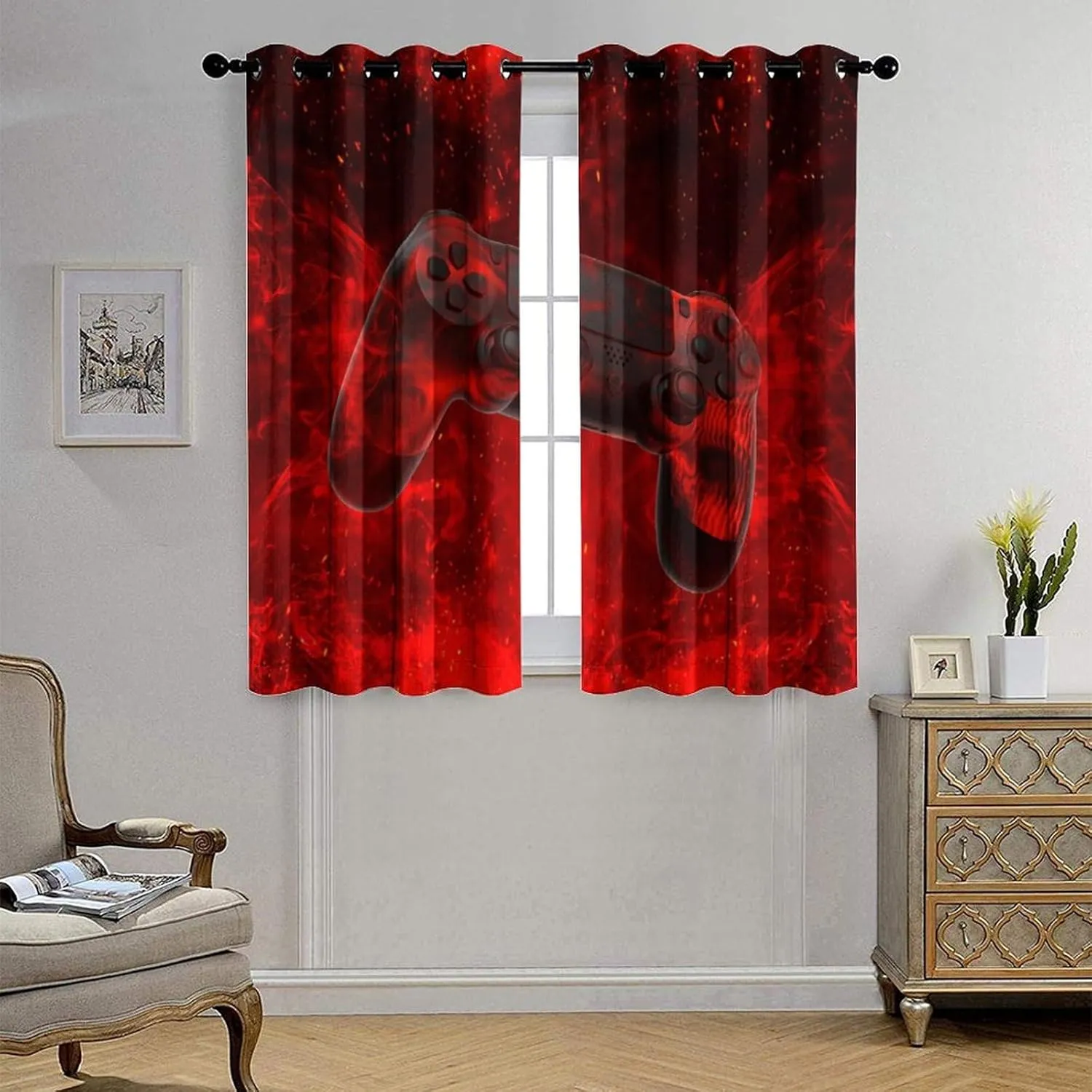 Abstract Modern Gamepad Curtains for Bedroom,Boy Game Console Cool Gamepad Red Fire Thermal Insulated Room Darkening Grommet Window Curtains & Drapes for Living Room 2 Panels 63" L x 31.5" W