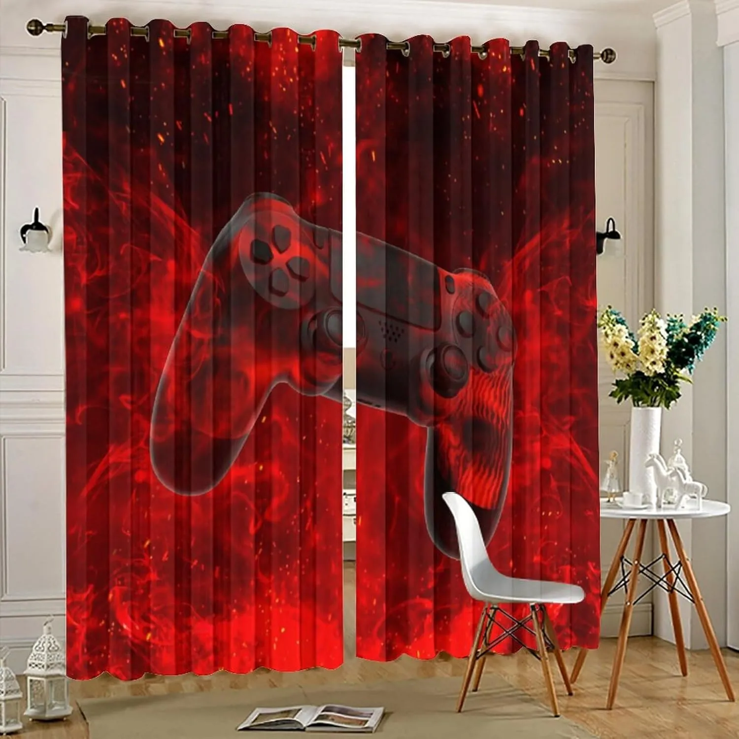 Abstract Modern Gamepad Curtains for Bedroom,Boy Game Console Cool Gamepad Red Fire Thermal Insulated Room Darkening Grommet Window Curtains & Drapes for Living Room 2 Panels 63" L x 31.5" W