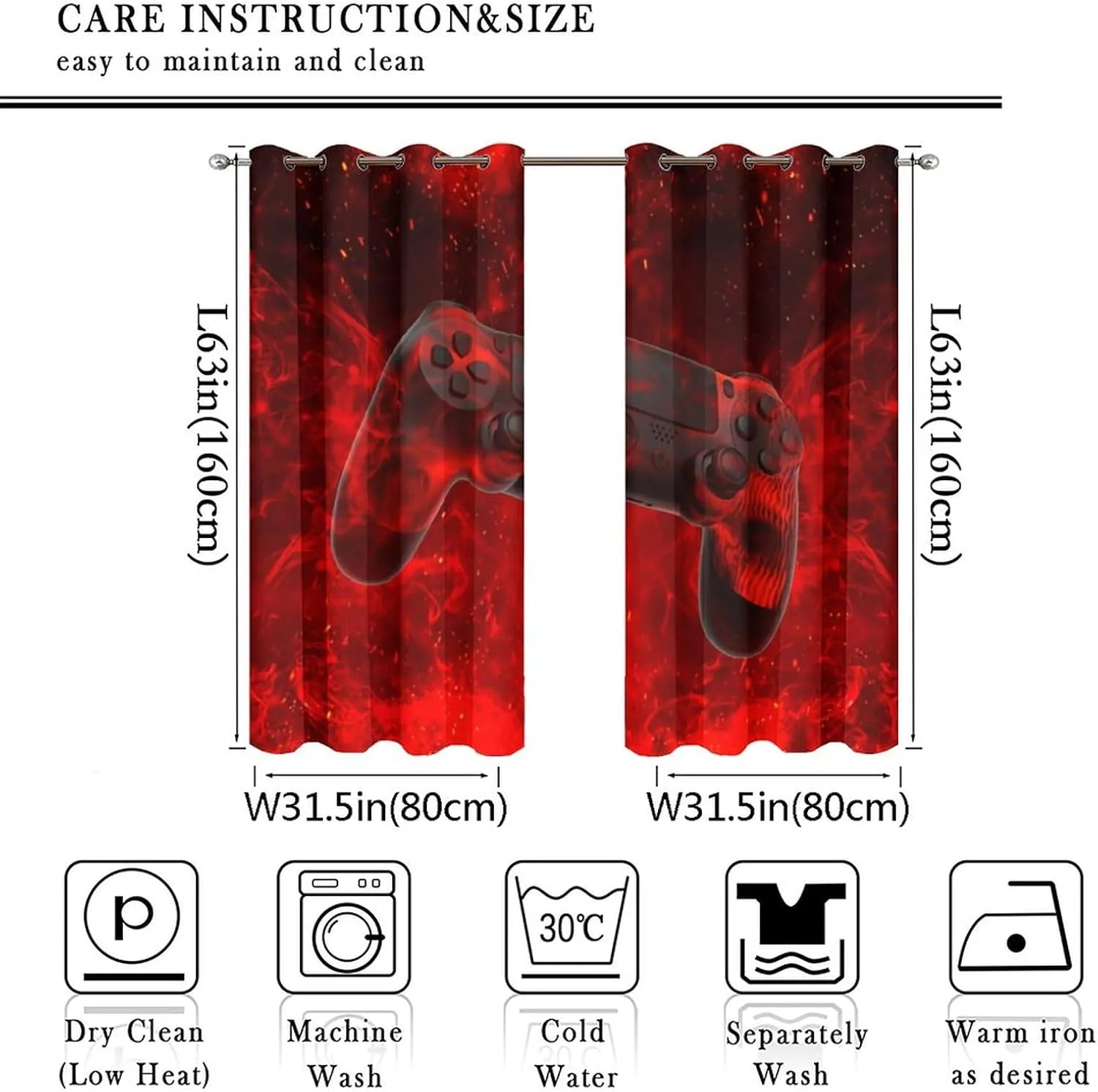 Abstract Modern Gamepad Curtains for Bedroom,Boy Game Console Cool Gamepad Red Fire Thermal Insulated Room Darkening Grommet Window Curtains & Drapes for Living Room 2 Panels 63" L x 31.5" W