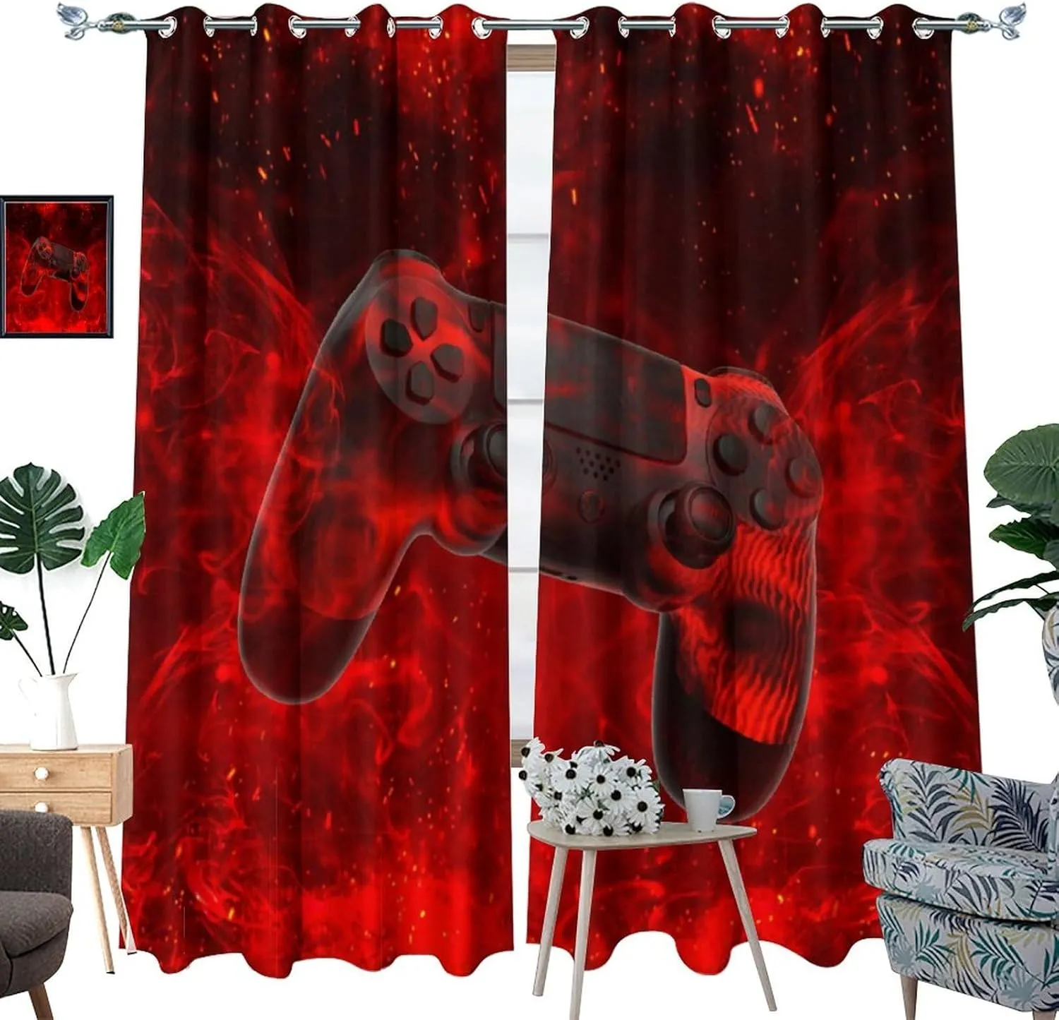 Abstract Modern Gamepad Curtains for Bedroom,Boy Game Console Cool Gamepad Red Fire Thermal Insulated Room Darkening Grommet Window Curtains & Drapes for Living Room 2 Panels 63" L x 31.5" W