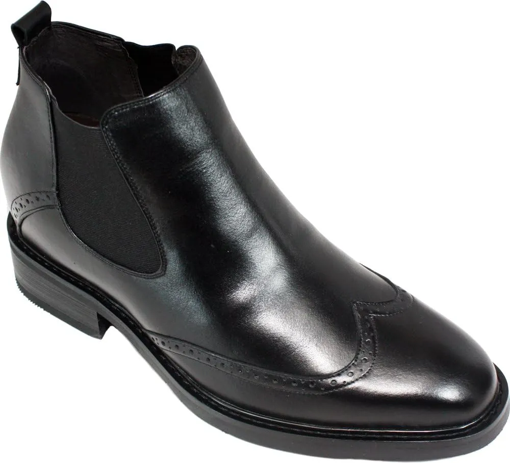 Calden Men's Invisible Height Increasing Elevator Shoes - Black Leather Slip-on Wing-tip Chelsea Boots - 3 Inches Taller - K28802 - Size 9 D(M) US