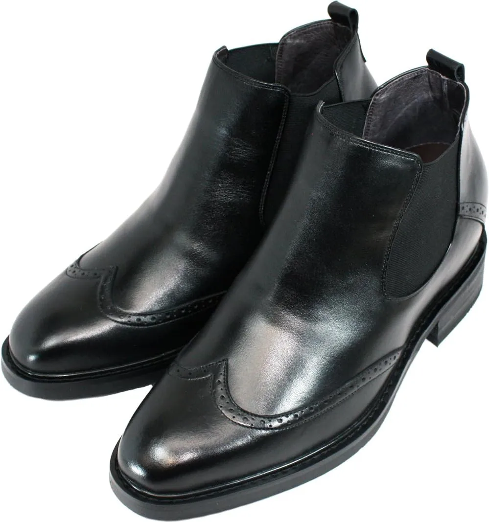 Calden Men's Invisible Height Increasing Elevator Shoes - Black Leather Slip-on Wing-tip Chelsea Boots - 3 Inches Taller - K28802 - Size 9 D(M) US