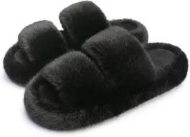 Chantomoo Women's Memory Foam Fuzzy Comfy Faux Fur House Shoes - Furry Bedroom Indoor Open Toe Slippers with Two Bands - Trendy Gift Slippers