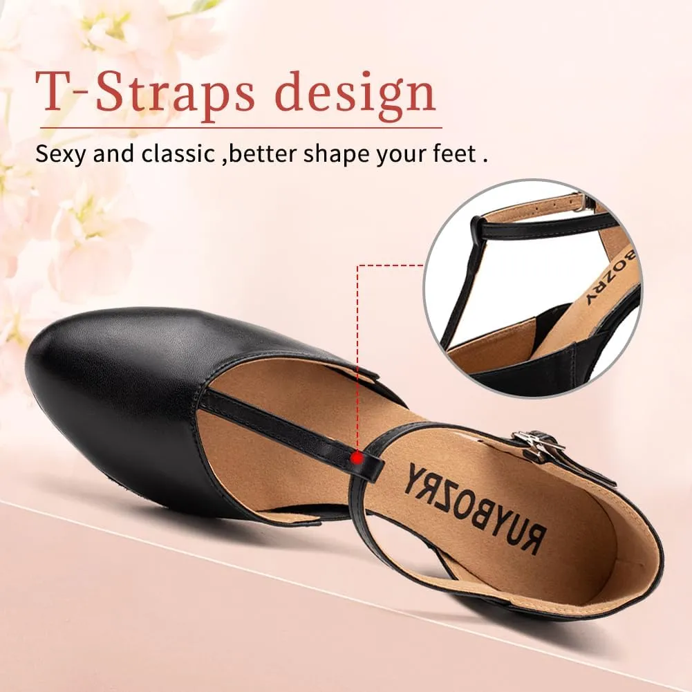 Character Shoes for Women T-Strap Closed Toe Latin Salsa Tango Standard Ballroom Dance Shoes,Model D29-Suede Sole-2.33Heel