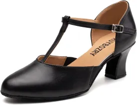 Character Shoes for Women T-Strap Closed Toe Latin Salsa Tango Standard Ballroom Dance Shoes,Model D29-Suede Sole-2.33Heel