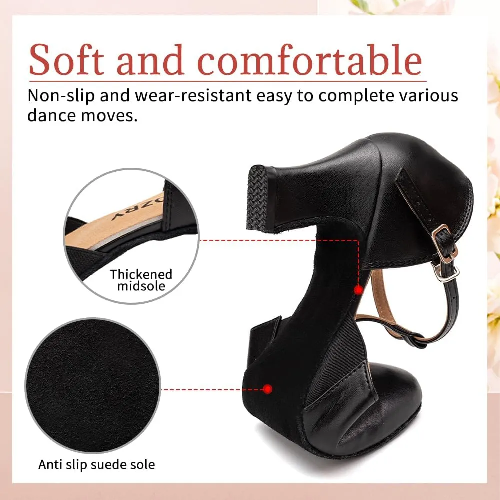 Character Shoes for Women T-Strap Closed Toe Latin Salsa Tango Standard Ballroom Dance Shoes,Model D29-Suede Sole-2.33Heel