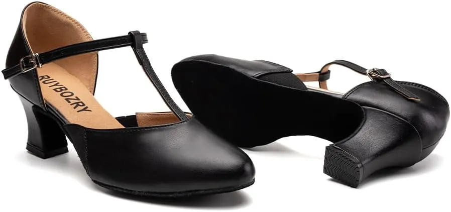 Character Shoes for Women T-Strap Closed Toe Latin Salsa Tango Standard Ballroom Dance Shoes,Model D29-Suede Sole-2.33Heel