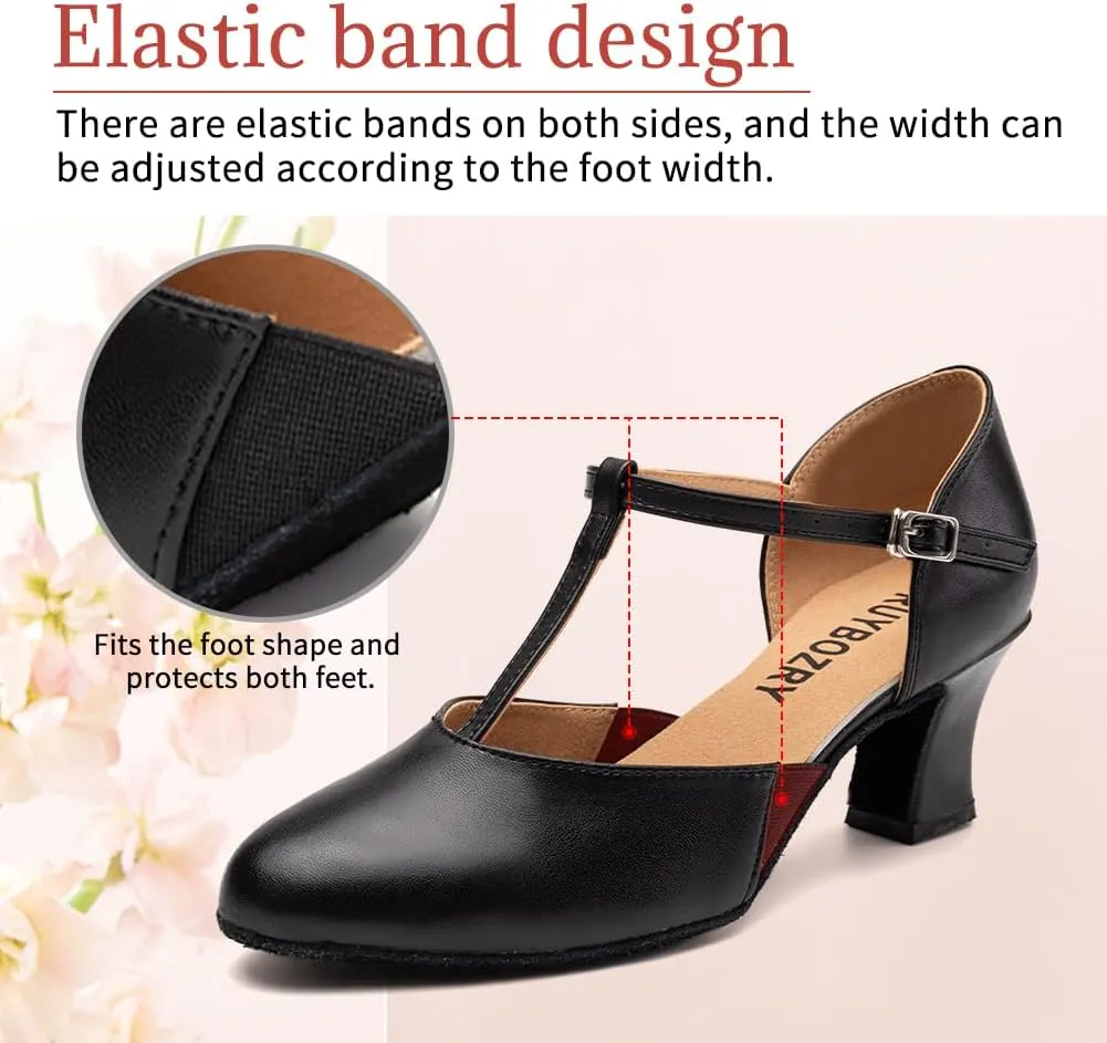 Character Shoes for Women T-Strap Closed Toe Latin Salsa Tango Standard Ballroom Dance Shoes,Model D29-Suede Sole-2.33Heel