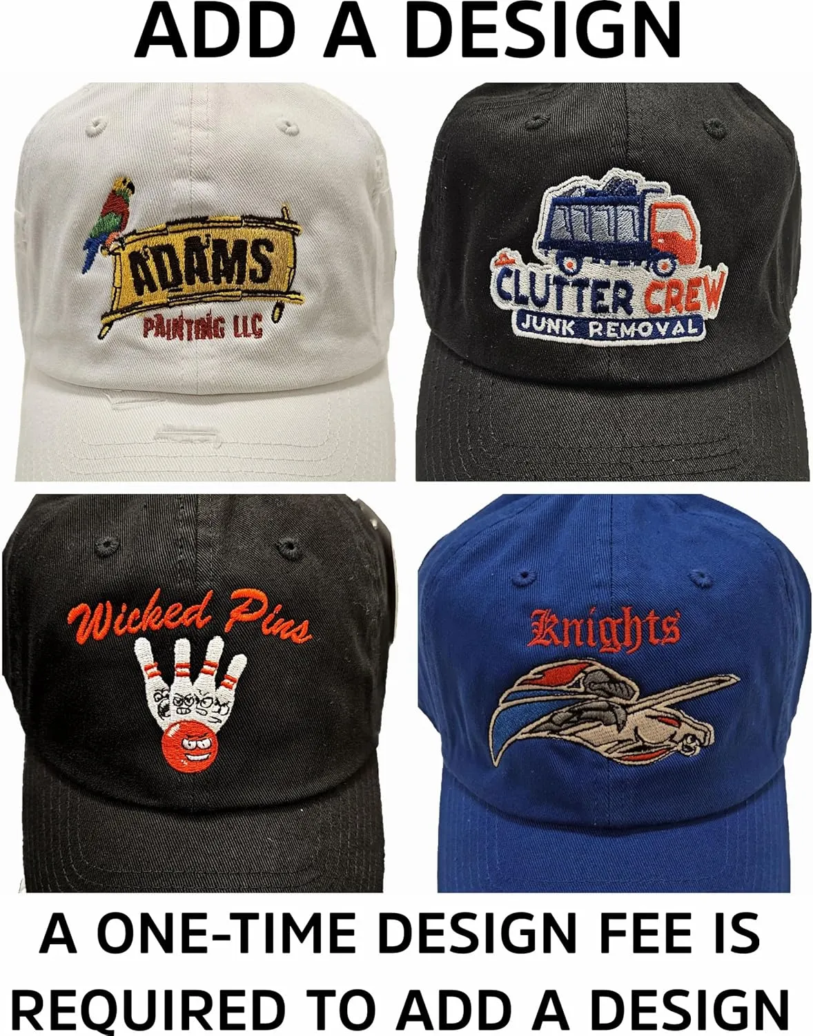 Custom Embroidered Hat for Men, Women and Kids - Front and Back. Text and Design. Fitted Cap, Beanie, Vintage Style.