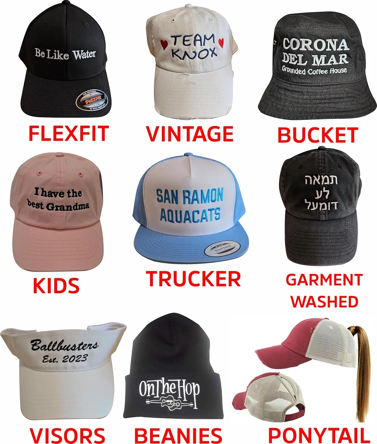 Custom Embroidered Hat for Men, Women and Kids - Front and Back. Text and Design. Fitted Cap, Beanie, Vintage Style.