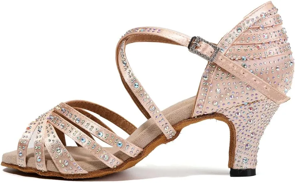 DKZSYIM Women's Satin Latin Dance Shoes Ballroom Performance Shoes,Model AFCT404