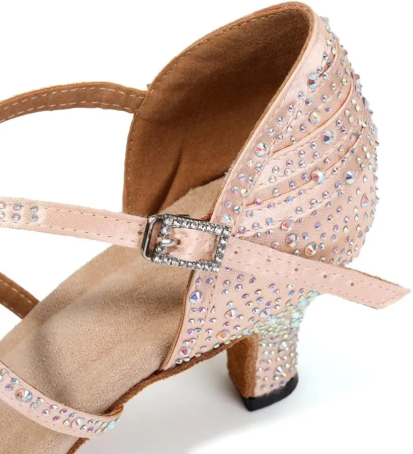 DKZSYIM Women's Satin Latin Dance Shoes Ballroom Performance Shoes,Model AFCT404