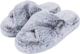 DL Fluffy Womens House Slippers Cross Band Open Toe, Soft Plush Fleece Bedroom Slippers Women Memory Foam, Comfy Fuzzy Slip On Non-Slip Womens Slippers Indoor Leopard Size