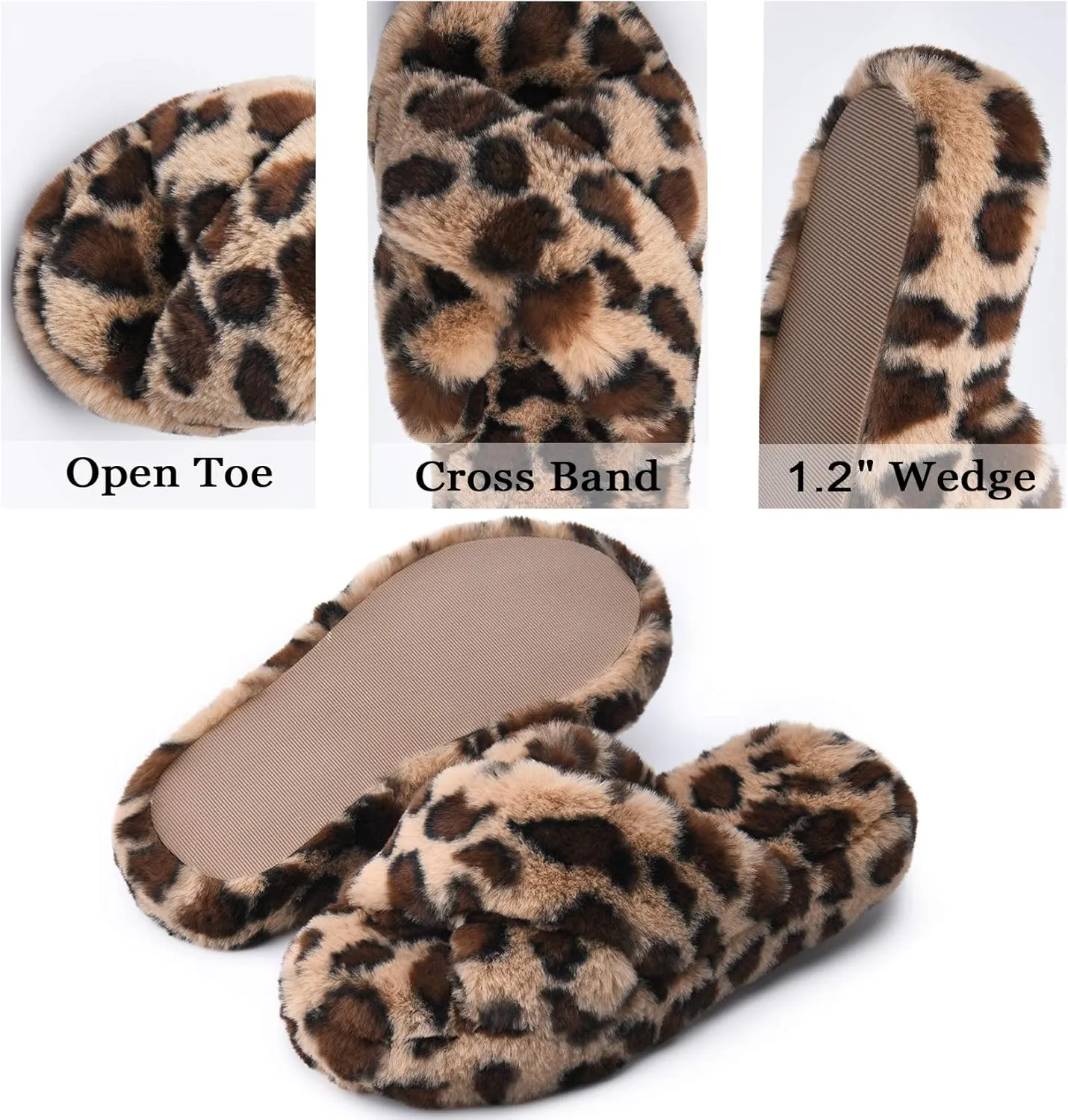 DL Fluffy Womens House Slippers Cross Band Open Toe, Soft Plush Fleece Bedroom Slippers Women Memory Foam, Comfy Fuzzy Slip On Non-Slip Womens Slippers Indoor Leopard Size
