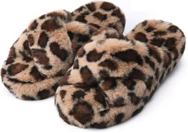 DL Fluffy Womens House Slippers Cross Band Open Toe, Soft Plush Fleece Bedroom Slippers Women Memory Foam, Comfy Fuzzy Slip On Non-Slip Womens Slippers Indoor Leopard Size