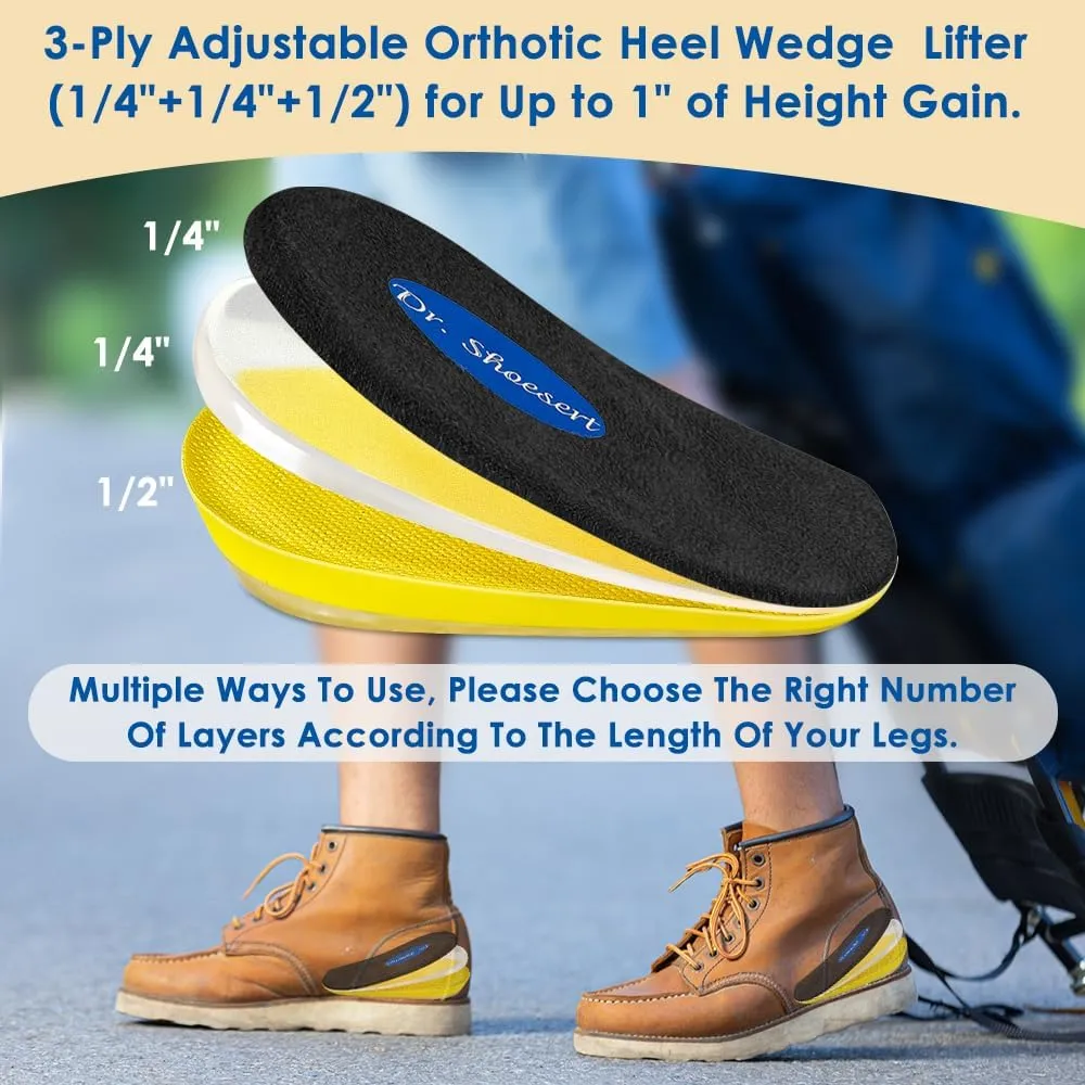 Dr. Shoesert Adjustable Orthopedic Heel Lift, 3-Layer Height Increase Insoles for Heel Pain and Leg Length Discrepancy, Heel Wedge Inserts for Achilles Tendonitis (Black, Large)