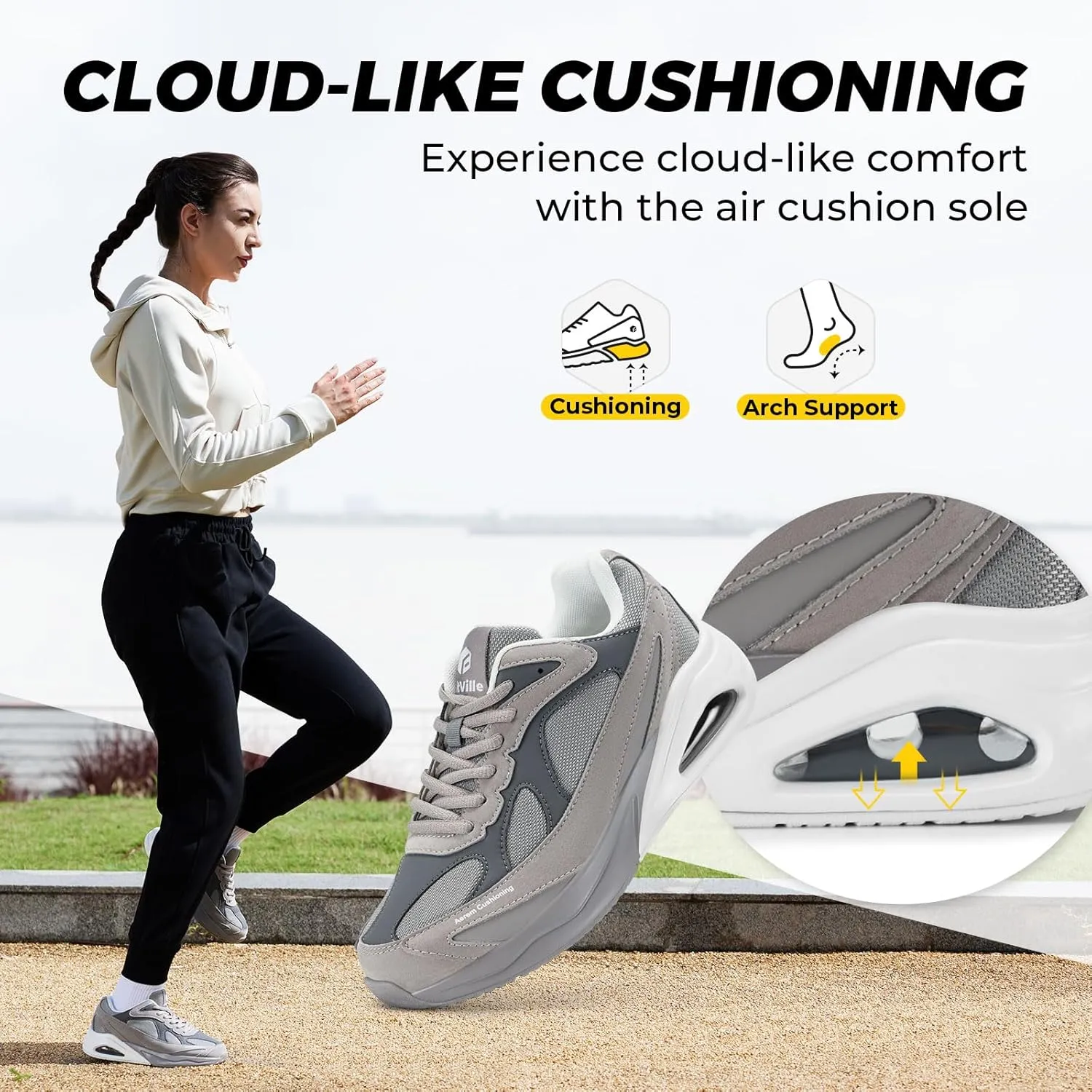 FitVille Women's Wide Walking Shoes Extra Wide Width Air Cushion Sneakers Gym Shoes for Shock Absorption Heel Pain Relief - HeelAero V1