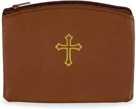 Genuine Leather Rosary Pouch with Zipper and Cross Imprint - Rosary Beads Holder Case for Men and Women