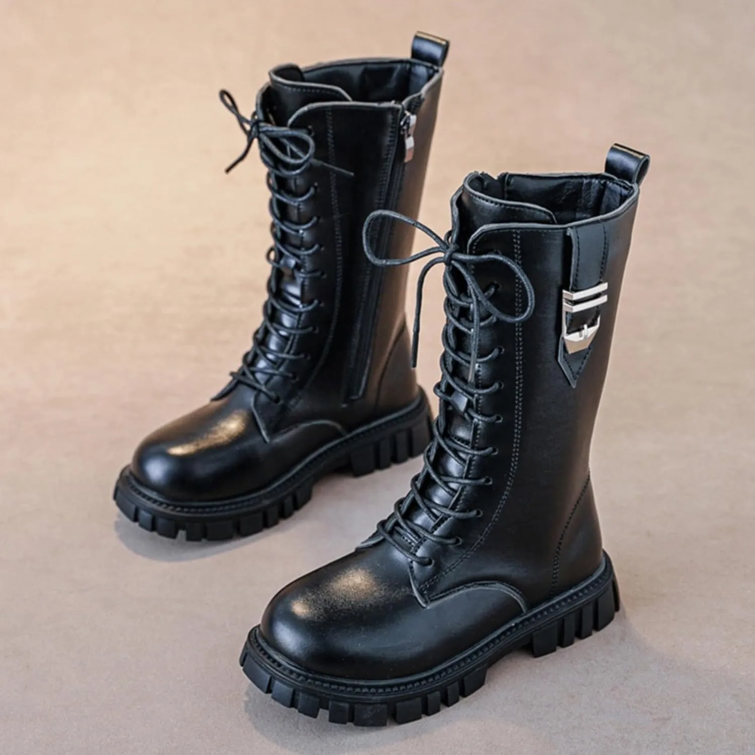 Girl's Knee High Boots Lace Up Side Zipper Combat Boots Faux Leather Non Slip Riding Boots Lug Sole Chunky Heels Shoes