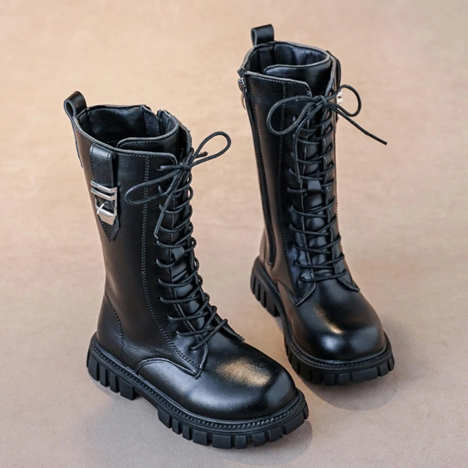 Girl's Knee High Boots Lace Up Side Zipper Combat Boots Faux Leather Non Slip Riding Boots Lug Sole Chunky Heels Shoes