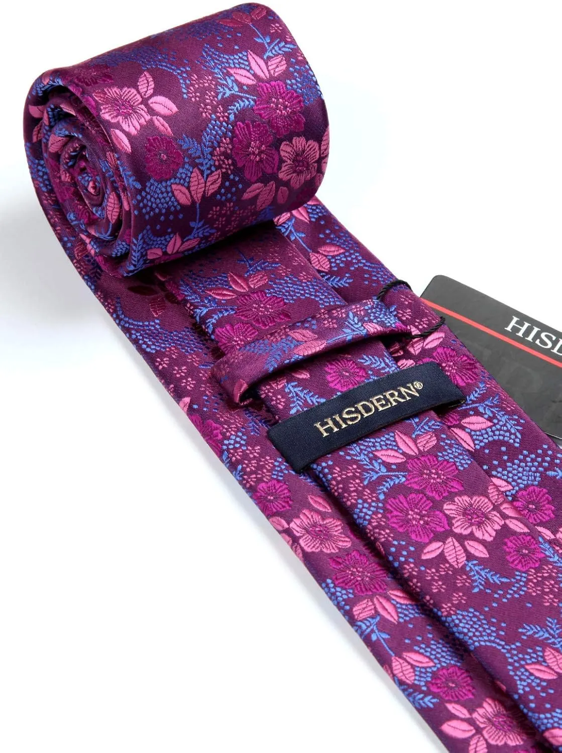 HISDERN Extra Long Ties for Men Classic Floral Tie and Pocket Square Elegant Silk Necktie Handkerchief Set Wedding Party