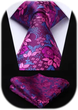 HISDERN Extra Long Ties for Men Classic Floral Tie and Pocket Square Elegant Silk Necktie Handkerchief Set Wedding Party