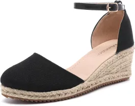 Mintzice Women's Closed Toe Solid Cross Vamp Ankle Strap Espadrille Wedge Sandals
