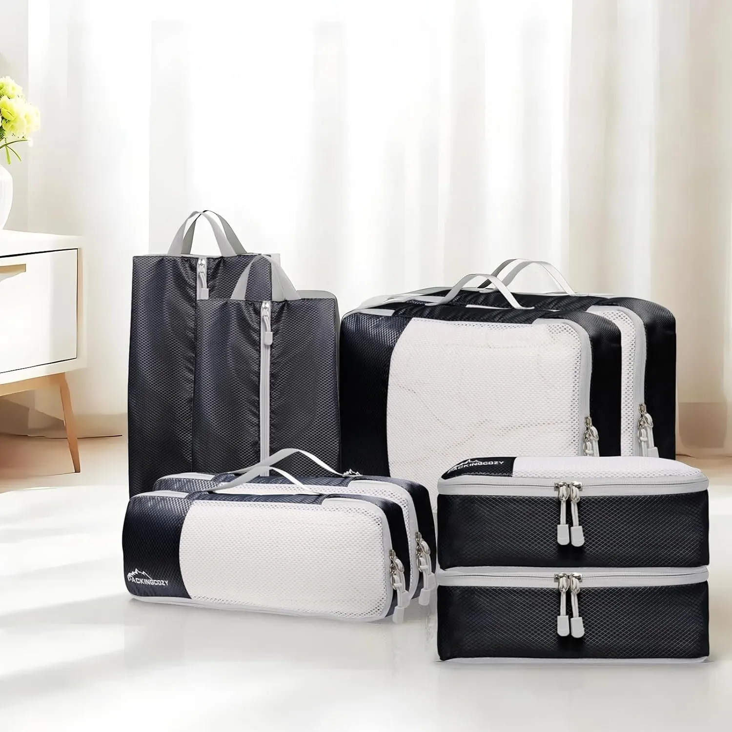 Packing Cubes for Travel, 8 Set Packing Organizers with Zipper Pulls and Mesh Top Panel - Light-weight Travel Cubes for Carry On and Suitcases, Black