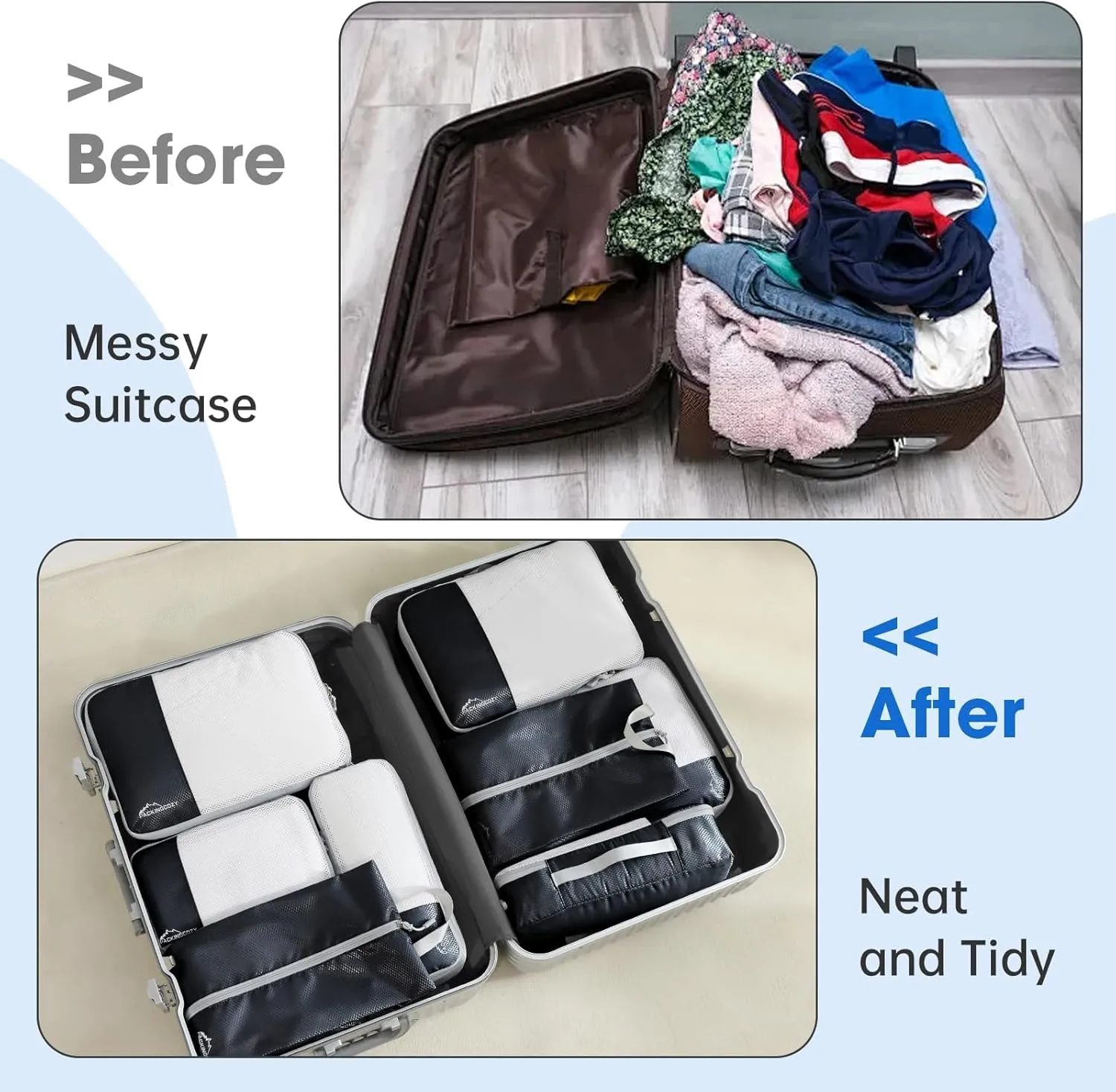 Packing Cubes for Travel, 8 Set Packing Organizers with Zipper Pulls and Mesh Top Panel - Light-weight Travel Cubes for Carry On and Suitcases, Black