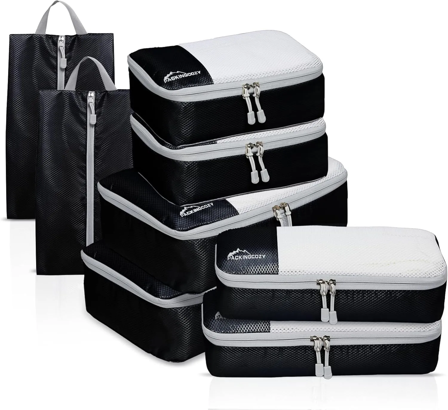Packing Cubes for Travel, 8 Set Packing Organizers with Zipper Pulls and Mesh Top Panel - Light-weight Travel Cubes for Carry On and Suitcases, Black