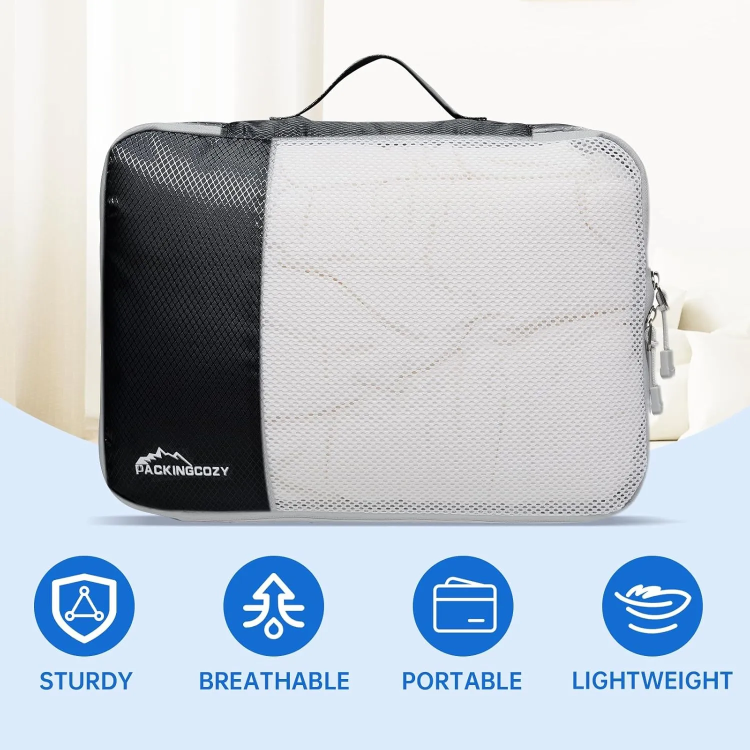 Packing Cubes for Travel, 8 Set Packing Organizers with Zipper Pulls and Mesh Top Panel - Light-weight Travel Cubes for Carry On and Suitcases, Black