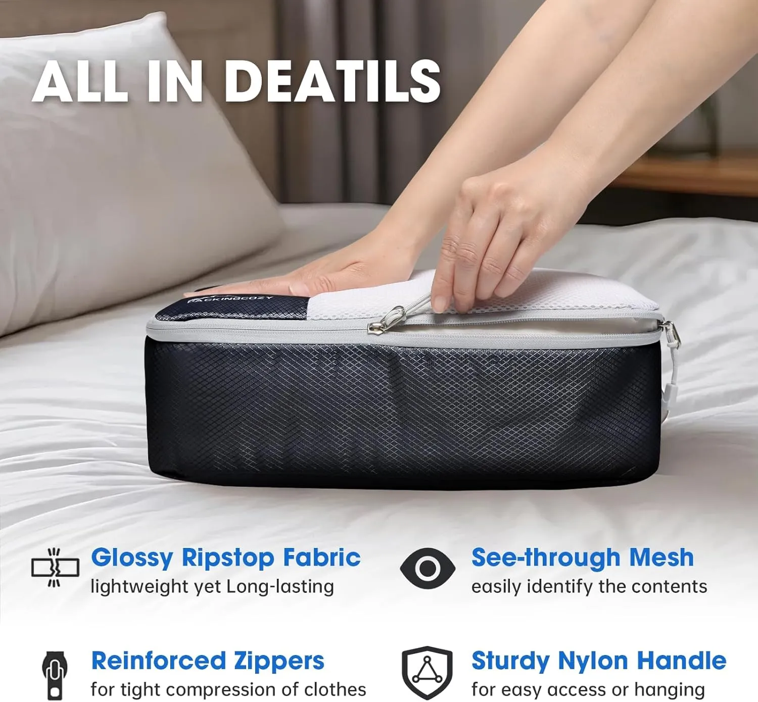 Packing Cubes for Travel, 8 Set Packing Organizers with Zipper Pulls and Mesh Top Panel - Light-weight Travel Cubes for Carry On and Suitcases, Black