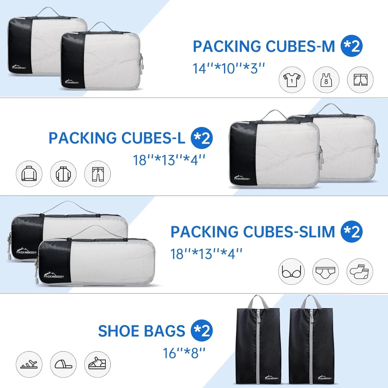 Packing Cubes for Travel, 8 Set Packing Organizers with Zipper Pulls and Mesh Top Panel - Light-weight Travel Cubes for Carry On and Suitcases, Black