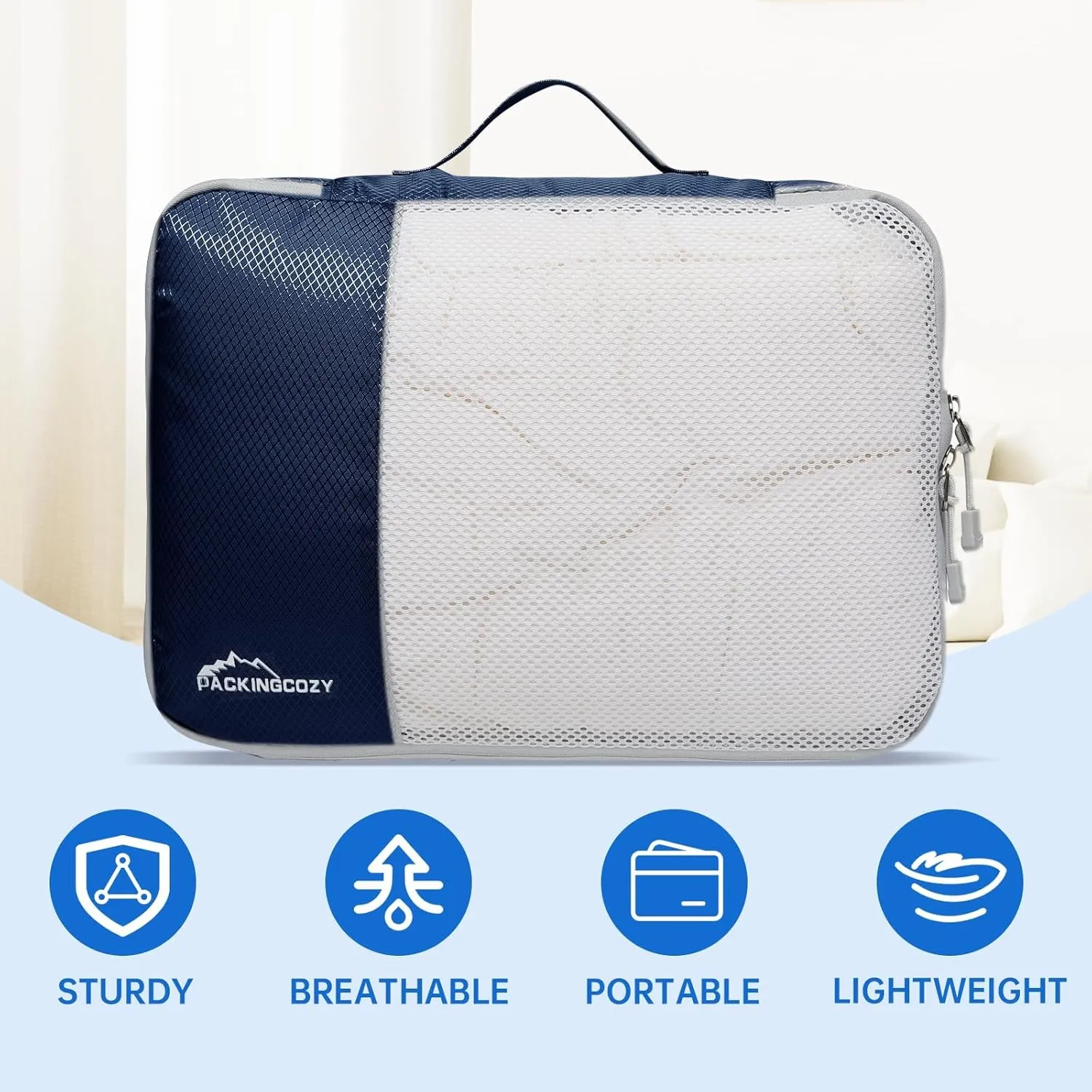 Packing Cubes for Travel, 8 Set Packing Organizers with Zipper Pulls and Mesh Top Panel - Light-weight Travel Cubes for Carry On and Suitcases, Navy Blue