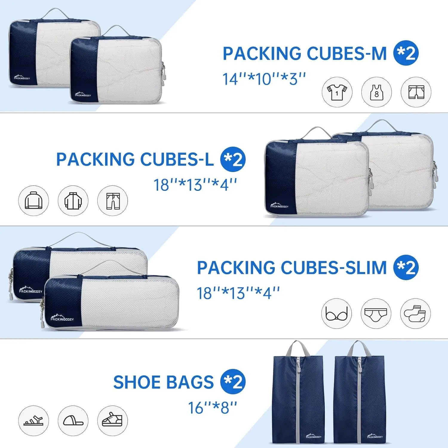 Packing Cubes for Travel, 8 Set Packing Organizers with Zipper Pulls and Mesh Top Panel - Light-weight Travel Cubes for Carry On and Suitcases, Navy Blue