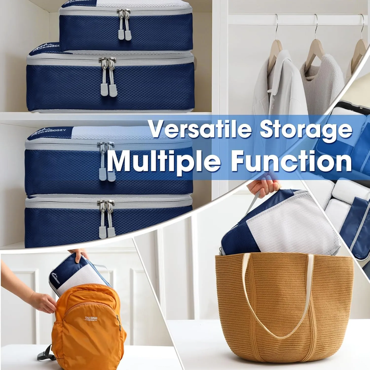 Packing Cubes for Travel, 8 Set Packing Organizers with Zipper Pulls and Mesh Top Panel - Light-weight Travel Cubes for Carry On and Suitcases, Navy Blue