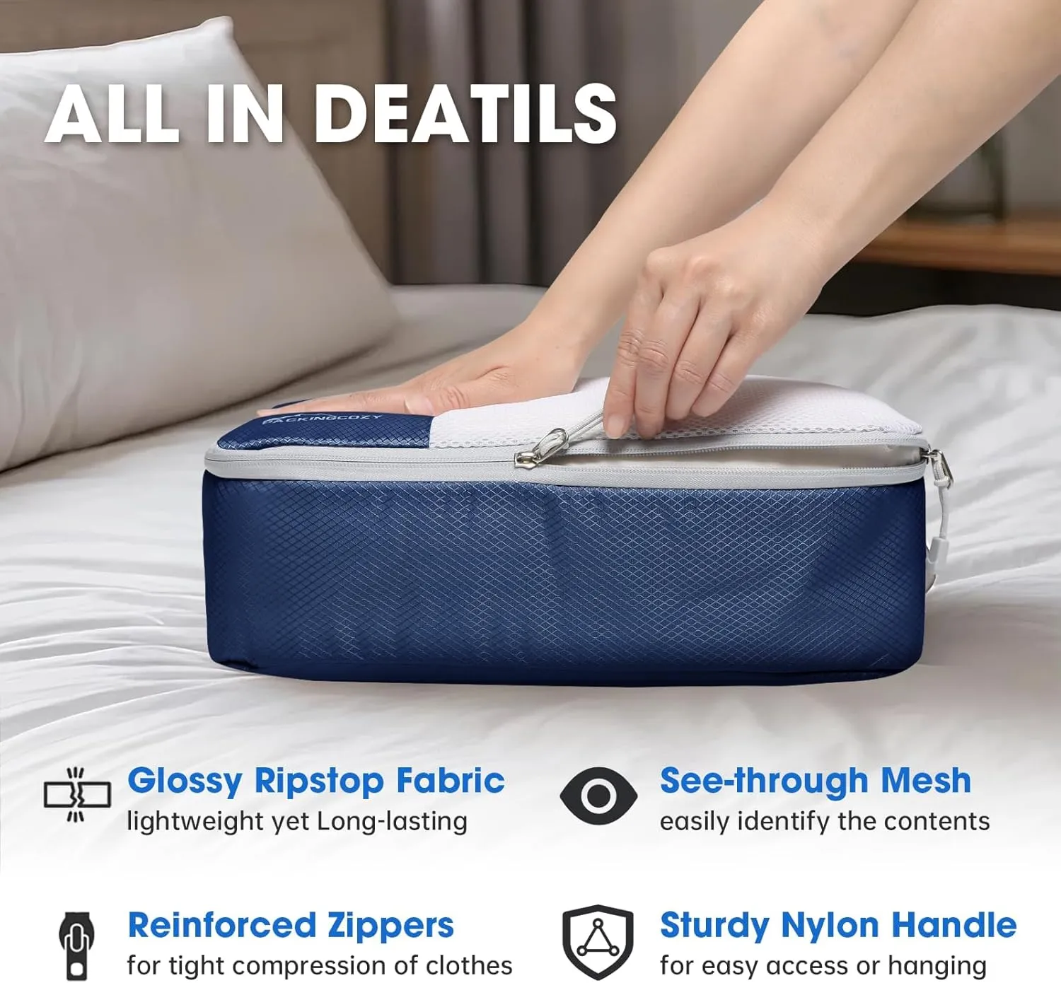 Packing Cubes for Travel, 8 Set Packing Organizers with Zipper Pulls and Mesh Top Panel - Light-weight Travel Cubes for Carry On and Suitcases, Navy Blue