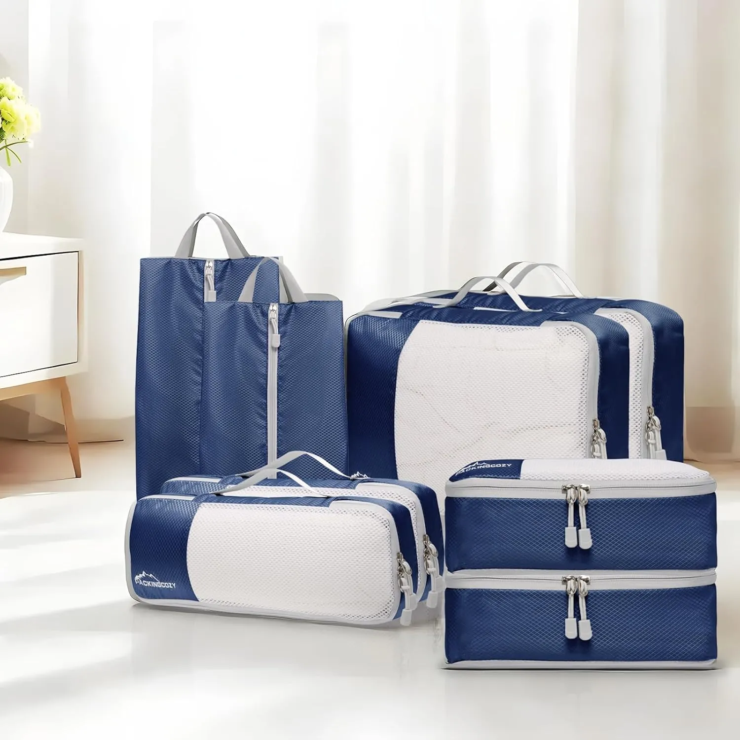 Packing Cubes for Travel, 8 Set Packing Organizers with Zipper Pulls and Mesh Top Panel - Light-weight Travel Cubes for Carry On and Suitcases, Navy Blue