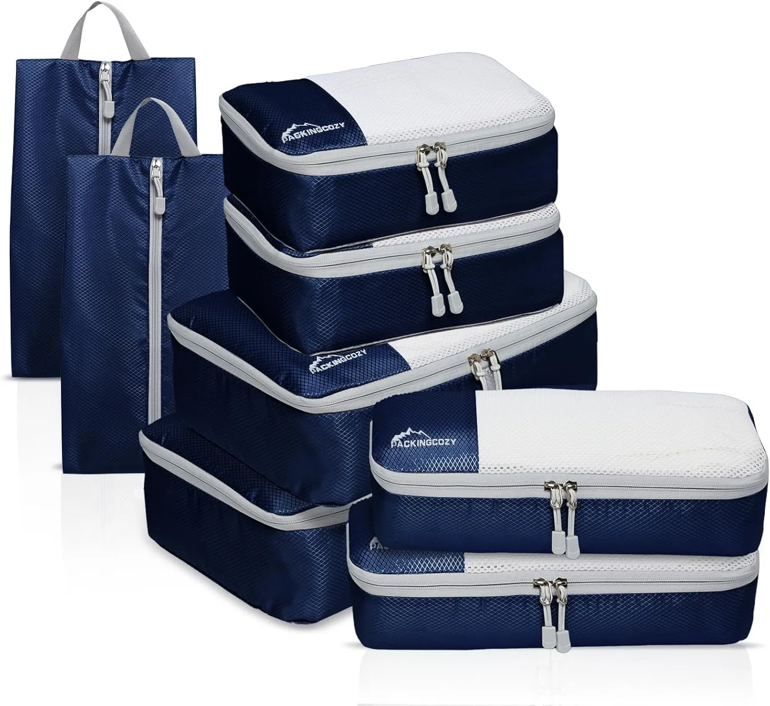 Packing Cubes for Travel, 8 Set Packing Organizers with Zipper Pulls and Mesh Top Panel - Light-weight Travel Cubes for Carry On and Suitcases, Navy Blue