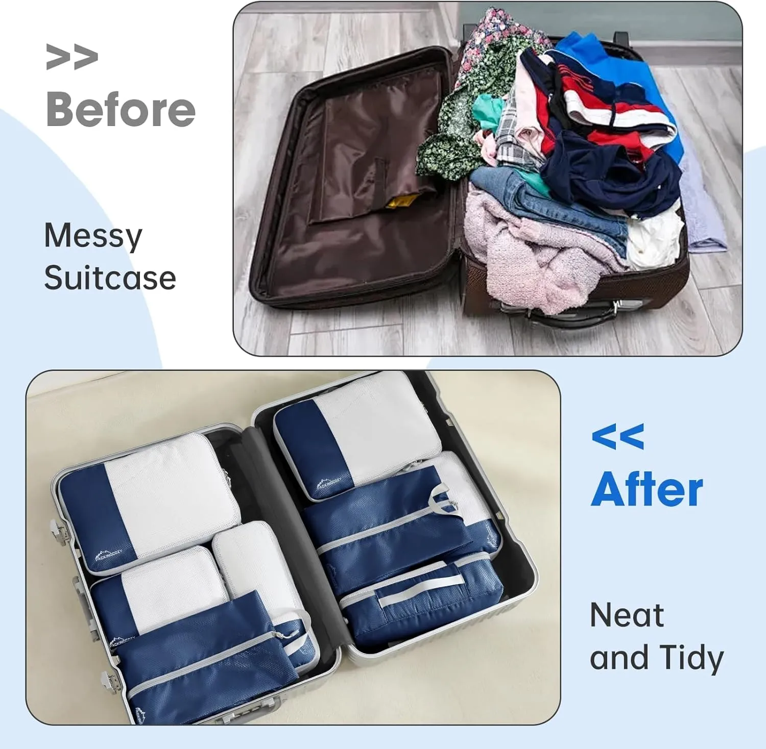 Packing Cubes for Travel, 8 Set Packing Organizers with Zipper Pulls and Mesh Top Panel - Light-weight Travel Cubes for Carry On and Suitcases, Navy Blue