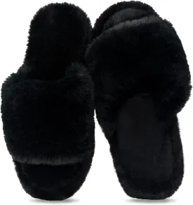 Rosoz Women's Soft Plush Fuzzy Slippers Memory Foam Anti-Skid Sole House Shoes Indoor Outdoor Open Toe Sandals