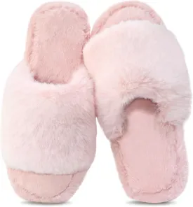 Rosoz Women's Soft Plush Fuzzy Slippers Memory Foam Anti-Skid Sole House Shoes Indoor Outdoor Open Toe Sandals