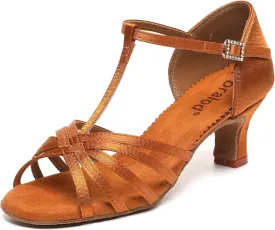 Satin Dance Shoes for Women, Ballroom Dance Shoes Low Heels, Prom Shoes for Woman Dancing, Latin Salsa Dance Heels, Open Toe Ankle T-Strap Sandals, Wedding Dressy Shoes, Suede Sole