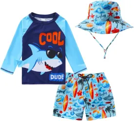 Toddlers and Baby Boys' 3-Piece Swimsuit Trunk and Rashguard Sun Hat Set