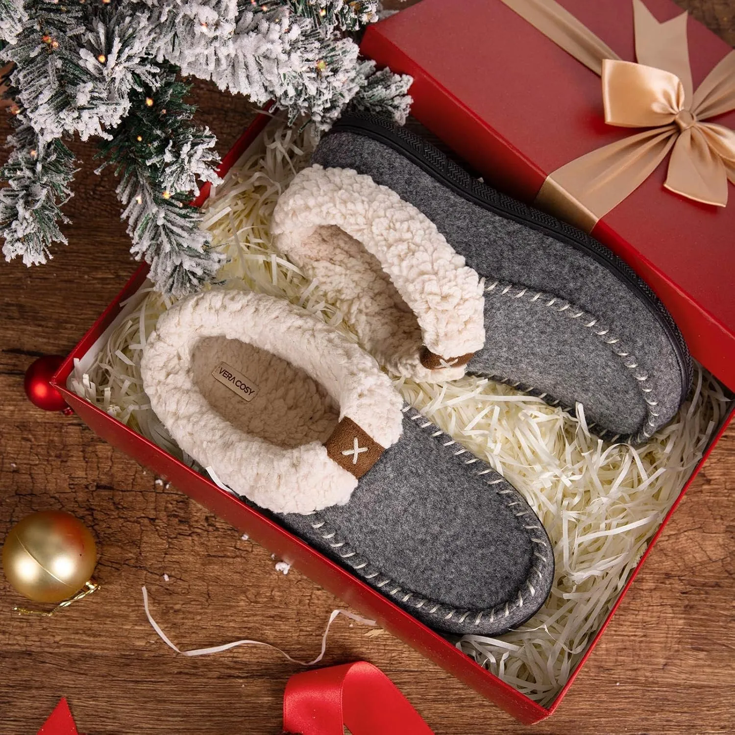 VeraCosy Women's Moccasin Slippers Warm Comfy Wool-felt Memory Foam Indoor House Shoes