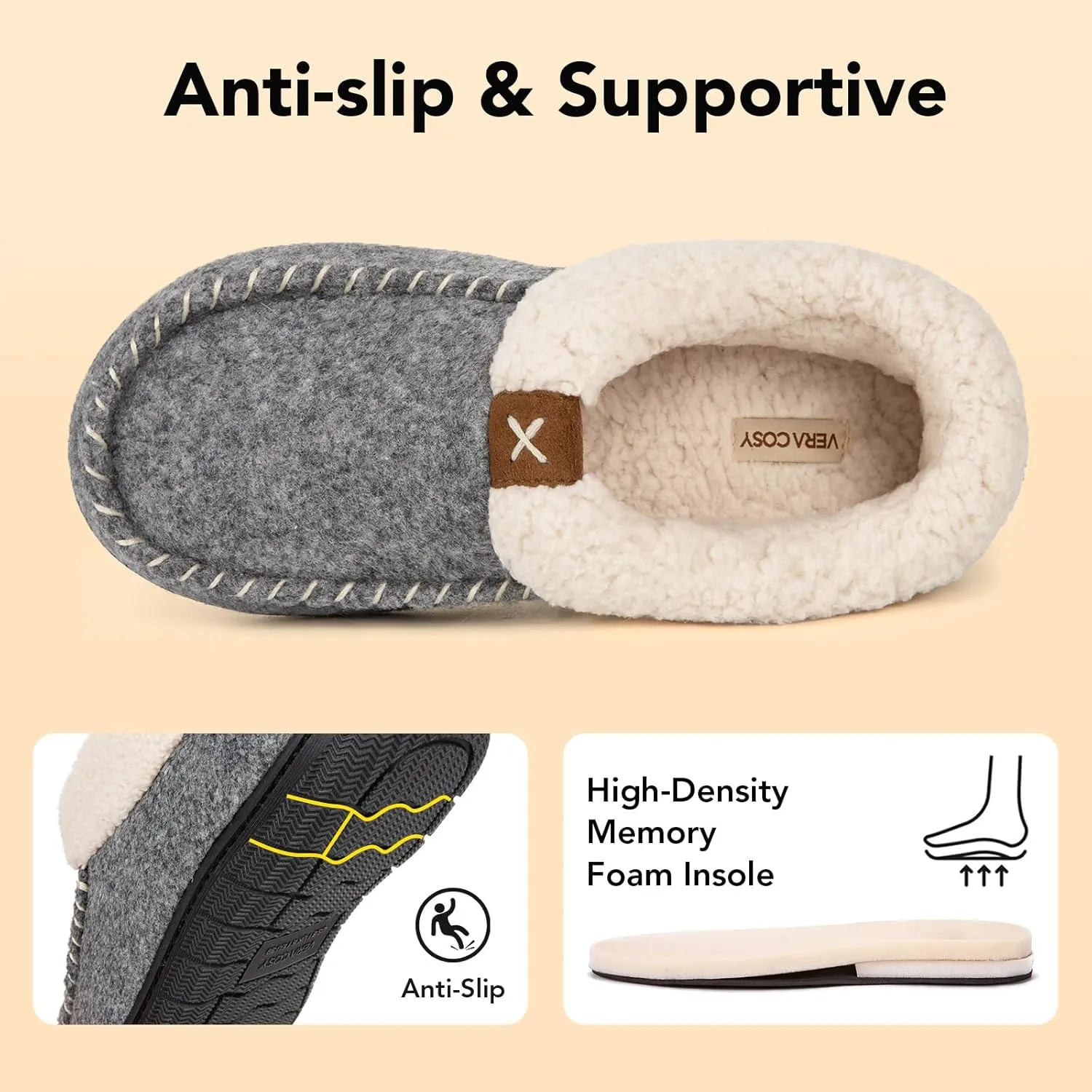VeraCosy Women's Moccasin Slippers Warm Comfy Wool-felt Memory Foam Indoor House Shoes