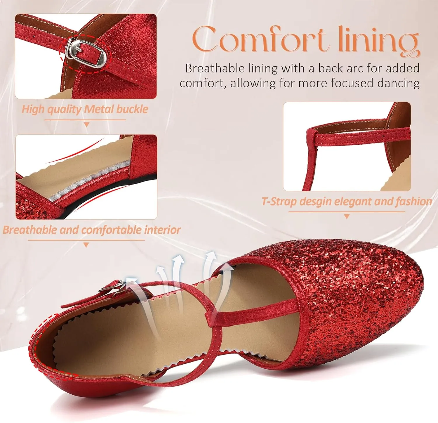 Women Latin Dance Shoes Sequin Closed Toe T-Strap Ballroom Salsa Tango Party Performance Dance Shoes,Model FT-135
