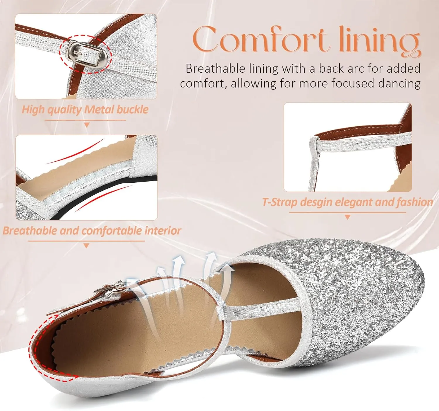 Women Latin Dance Shoes Sequin Closed Toe T-Strap Ballroom Salsa Tango Party Performance Dance Shoes,Model FT-135