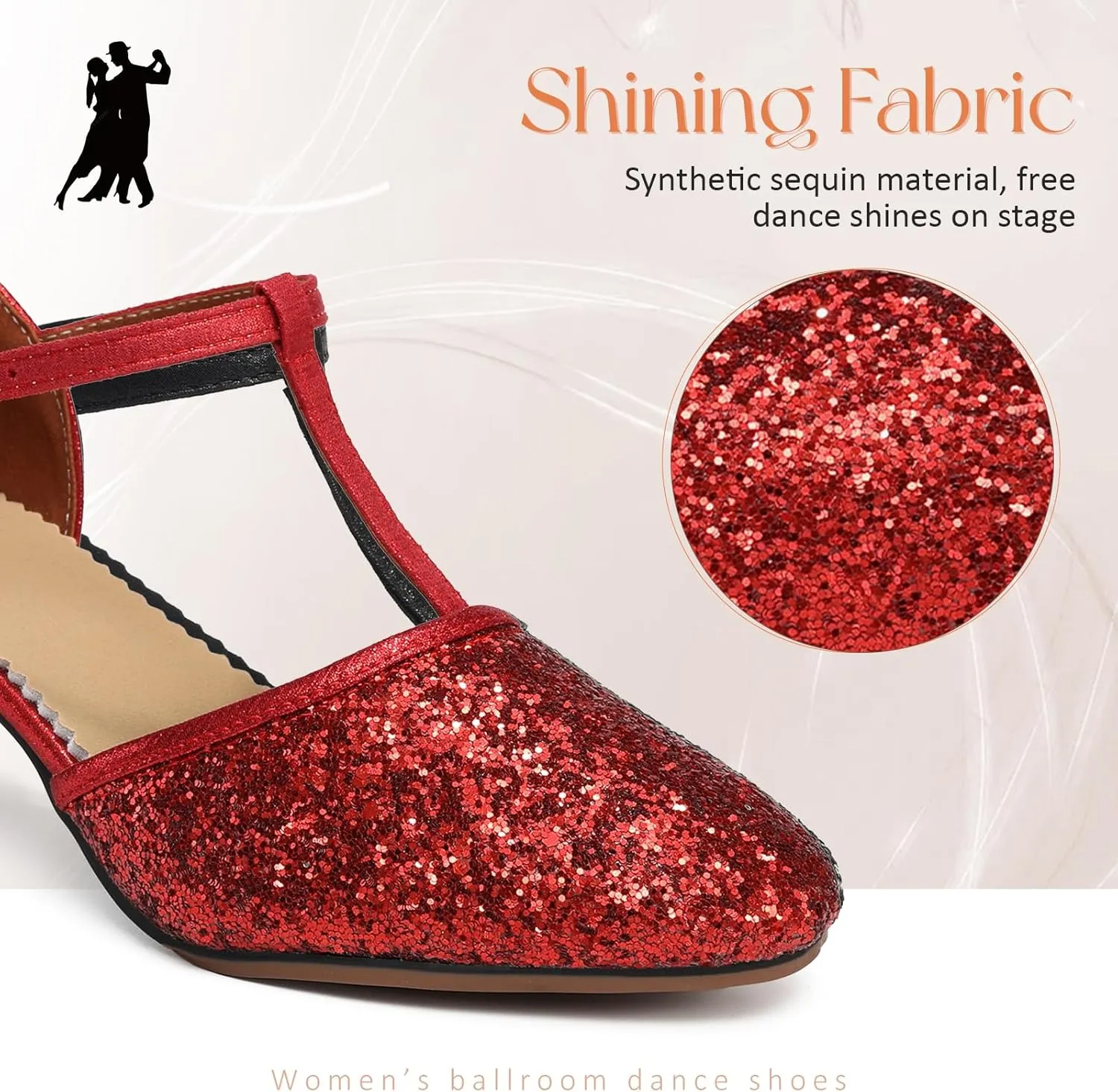 Women Latin Dance Shoes Sequin Closed Toe T-Strap Ballroom Salsa Tango Party Performance Dance Shoes,Model FT-135