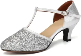 Women Latin Dance Shoes Sequin Closed Toe T-Strap Ballroom Salsa Tango Party Performance Dance Shoes,Model FT-135